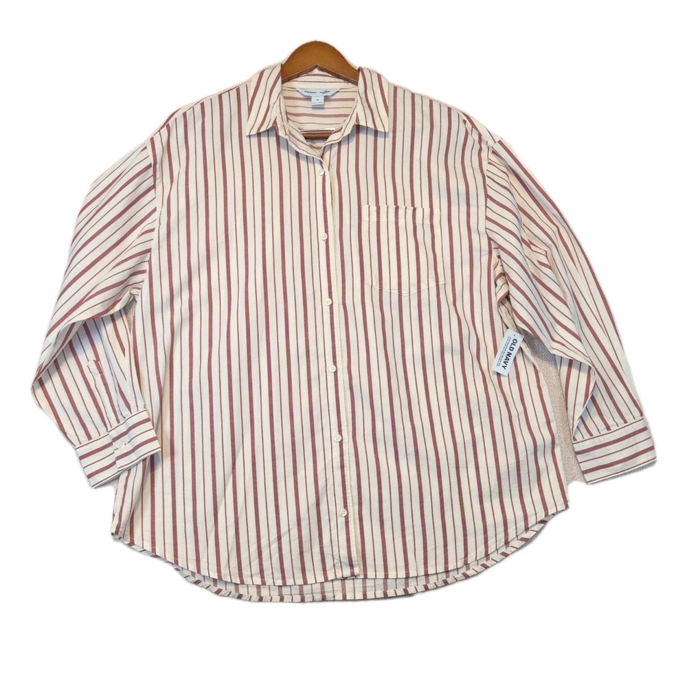 NEW Old Navy Md Red Stripe Cotton Button-up The Boyfriend Shirt Layered Casual